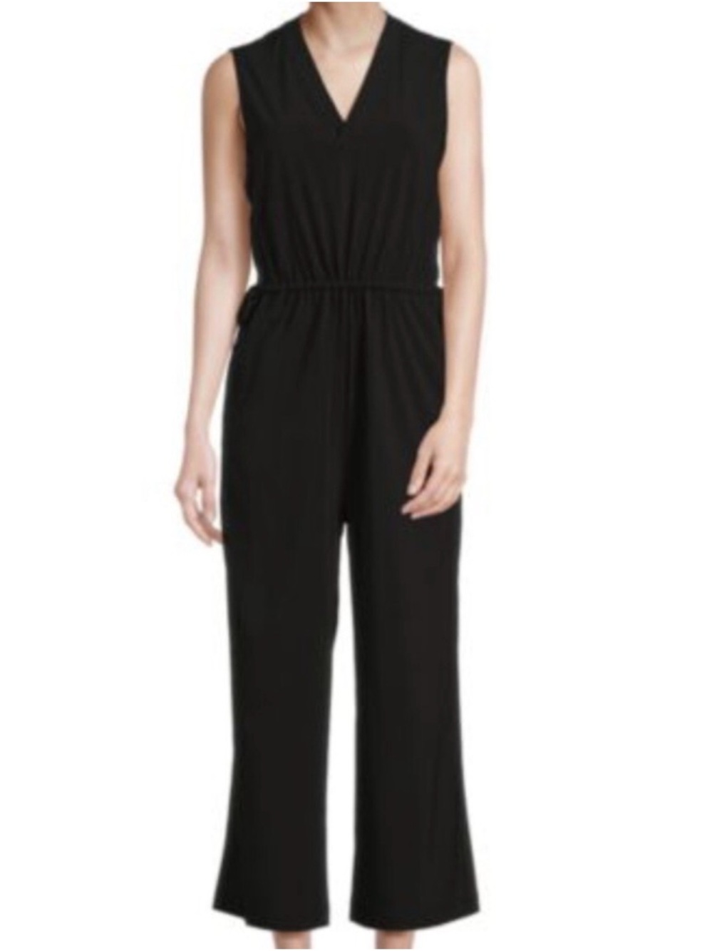 Calvin Klein Black Drawstring V-Neck Sleeveless Cropped Wide Leg Jumpsuit EUC
